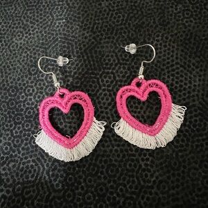 Freestanding Lace Embroidered Pink Heart Fringe Earrings